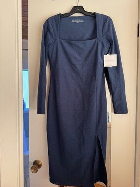 Beyond Yoga Navy Square-Neck Long Sleeve Midi Dress with Side Slit